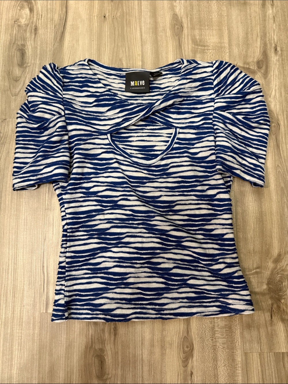 Maeve Blue & White Striped Zebra-Effect Short Sleeve Scoop Top